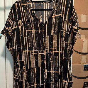 Black and beige abstract geometric print blouse